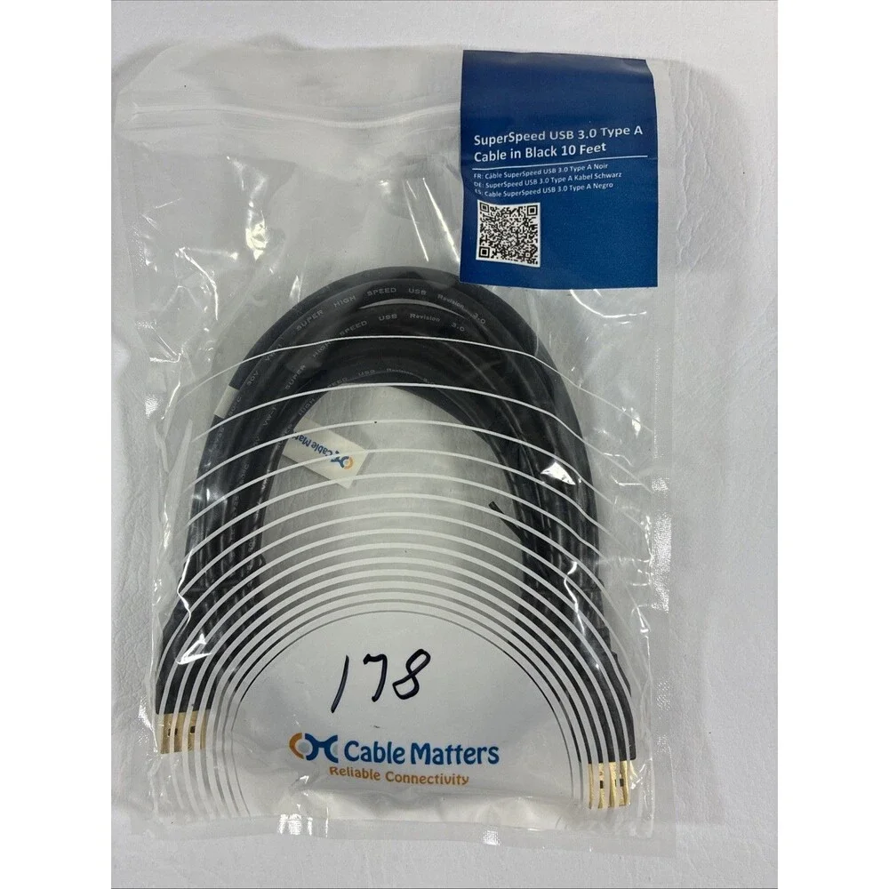 Cable Matters SuperSpeed USB 3.0 Type A cable, 10 feet long, in black.